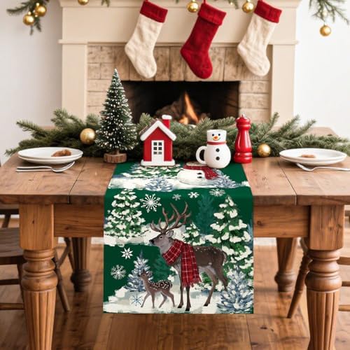 Artscope Reindeer Snowman Christmas Tree Table Runner, Xmas Winter Snowflakes Holiday Kitchen Dining Table Decoration for Christmas Home Party Decor 13x36 Inch-Green