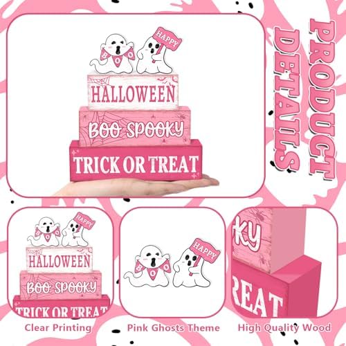 Britimes Halloween Ghost Tiered Tray Decor Set, 4 Pack, Wooden