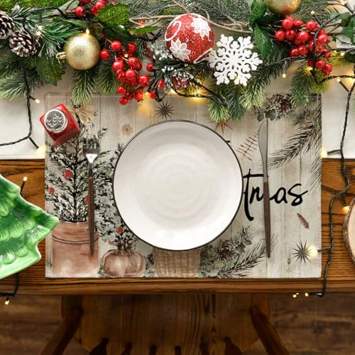 Artoid Mode Wood Holly Pine Cone Merry Christmas Placemats Set of 4, 12x18 Inch Seasonal Winter Holiday Table Mats for Party Kitchen Dining Decoration