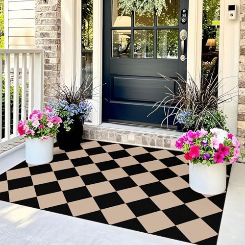 Black Tan Checkered Entry Rug - 3x5 Non-Slip Indoor Outdoor Rugs