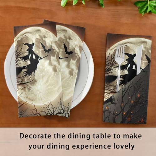 Halloween Witch Cemetery Cloth Napkins 20x20 Inch, 6 Pack Washable Dinner Napkins Reusable Napkins for Banquets, Weddings, Holiday, Party and Daily Use