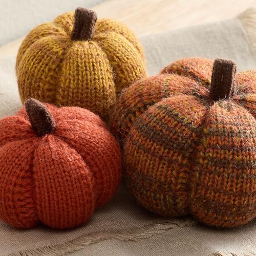 Set of 3 Cozy Mini Knit Pumpkins, Green Gold (Spiced Maple Multi-Size Set)