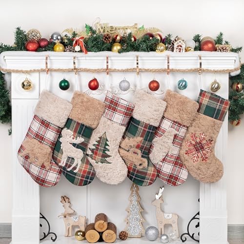 LUBOT New 6 Pack Christmas Stocking 20" Red Green Plush Plaid Mix and Match Classic Rustic Farmhouse Country Cotton Fireplace Hanging Xmas Stockings Decorations for Family Holiday Season Decor