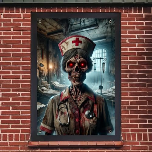 BlissYard Halloween Window Cover Hanging Banner Decor Zombie Nurse Scene 31x47 inch Creepy Bloody Hospital Horror Wall Decoration for Haunted House Door Display Party Prop Backdrop