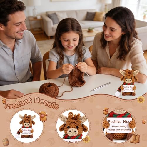 Positive Crochet Highland Cow Gifts with Positive Messages& Box, Emotional Support Crochet Animals of Desk Decor for Dad Father Day Men Women Coworker Friends, Crochet Cow Gifts for Birthday