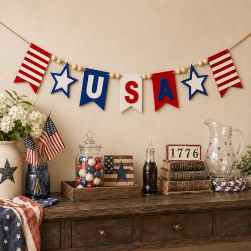 Felt USA Red White Blue Wood Bead Garland Banner for Mantel Fireplace