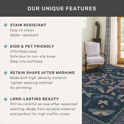 Navy Blue 6x8 Boho Rug for Living Room, Stain Resistant Non Slip Area Rug for Dining Room & Bedroom, Dark Vintage