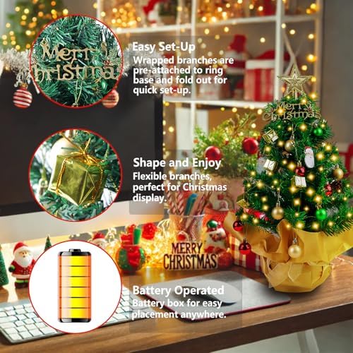 23 in Small Christmas Tree with Lights, Mini Tabletop Tree Desk Decor
