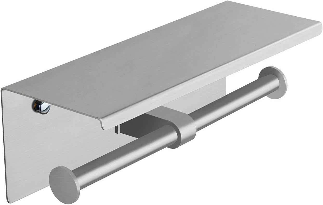 BGL Toilet Paper Holder with Shelf Brushed Nickel Double Head Toilet Tissue Roll Holder 304 Stainless Steel Wall Mount