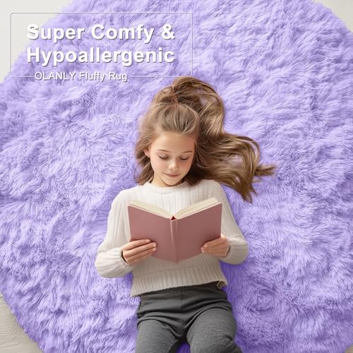 OLANLY Light Purple Round Rugs for Bedroom - Machine Washable, 3 ft Circle Area Rugs for Living Room, Soft and Fluffy