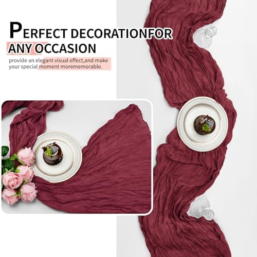 12 Pcs Burgundy Christmas Cheesecloth Table Runner 10Ft, Gauze Table Runners 21.5 x 120 inch,Semi Sheer Cheese Cloth Fabric Runner Bulk for Wedding,Party,Baby Shower,Bridal Shower