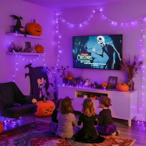 JMEXSUSS Connectable 8 Modes 100 LED Purple Halloween Lights Indoor Plug in