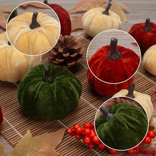 21 PCS Pumpkins Decor Set, 3 Sizes Fake Velvet Pumpkin, Dark Green Brown Gold Small Foam Pumpkins for Fall Harvest Thanksgiving Tiered Tray Centerpiece Bowl Filler Farmhouse Halloween