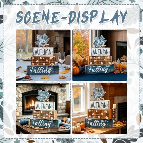 4Pcs Fall Table Decoration Fall Wood Signs Blue Maple Leaves Sign