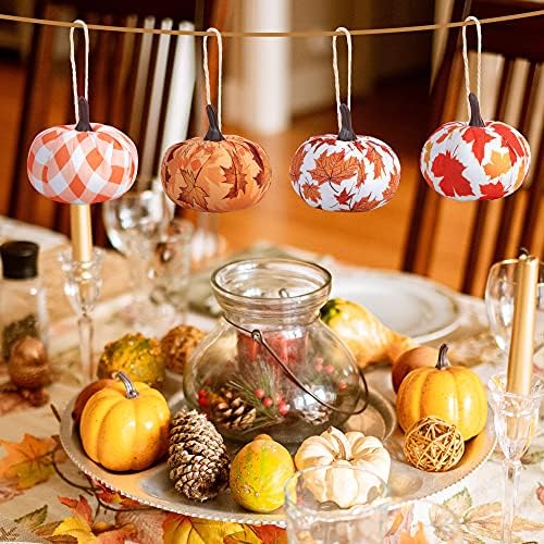 12PCS Fall Thanksgiving Plaid Fabric Wrapped Pumpkin Shaped Ornament
