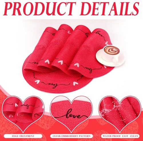 Tioncy Plastic Valentine Heart Placemats Set of 6 Round Red Love Place Mats 13.4 Inch Valentine's Day Washable Table Mats Kitchen Dinner Waterproof Placemat for Holiday Dining Table Wedding Decoration
