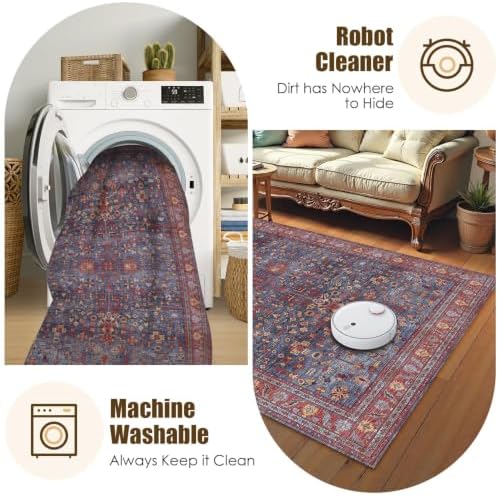 Washable Area Rug 5' x 7' Vintage Traditional Persian Mat - Foldable Distressed Non-Slip Machine Washable Carpet for