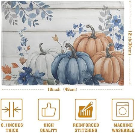 Autumn Placemats Blue Pumpkin Fall Place Mat Eucalyptus Leaves Floral Wood Grain Table Mats Thanksgiving Harvest Linen Placemat Party Kitchen Dining Decoration 12x18 Inch Set of 4