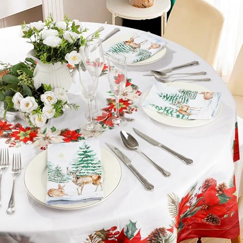 Winter Pine Tree Napkins, 18×18 Inch Woodland Deer Dinner Cloth Napkins Set of 6, Washable Cotton Soft Absorbent Square Napkins for Dining Kitchen Party Wedding Decoration