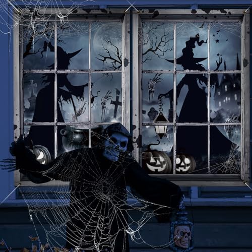 Preboun 2 Pcs Halloween Witch Window Clings Decoration Scary Halloween Window Silhouette Cover Curtain Poster for Wall Garage Door Home Indoor Outdoor Party Favors