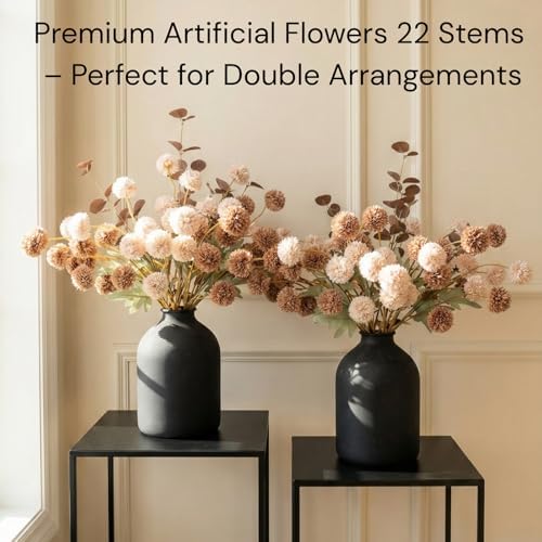 22pcs Artificial Beige & Brown Kiku Flowers with Eucalyptus Stems Bulk, Faux Silk Mum Pom Poms for Vase, Modern