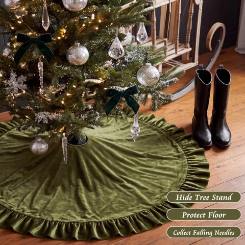 Velvet Christmas Tree Skirt, 36 Inches, Bow Style, Olive Green