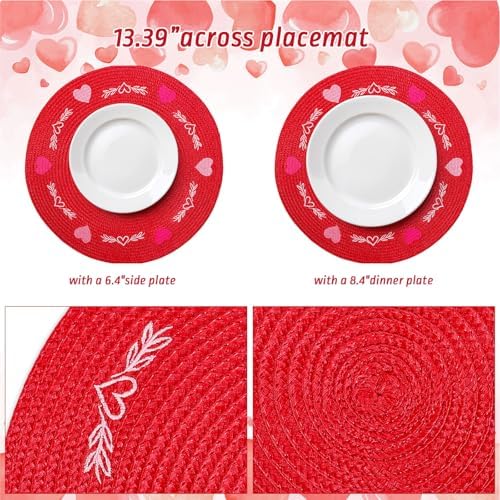 Whaline 4 Pcs Round Valentine's Day Red Pink Placemats Embroidered Place Mats Love Heart Table Mat Decorative Dinner Table Mats for Home Wedding Anniversary Party Decor