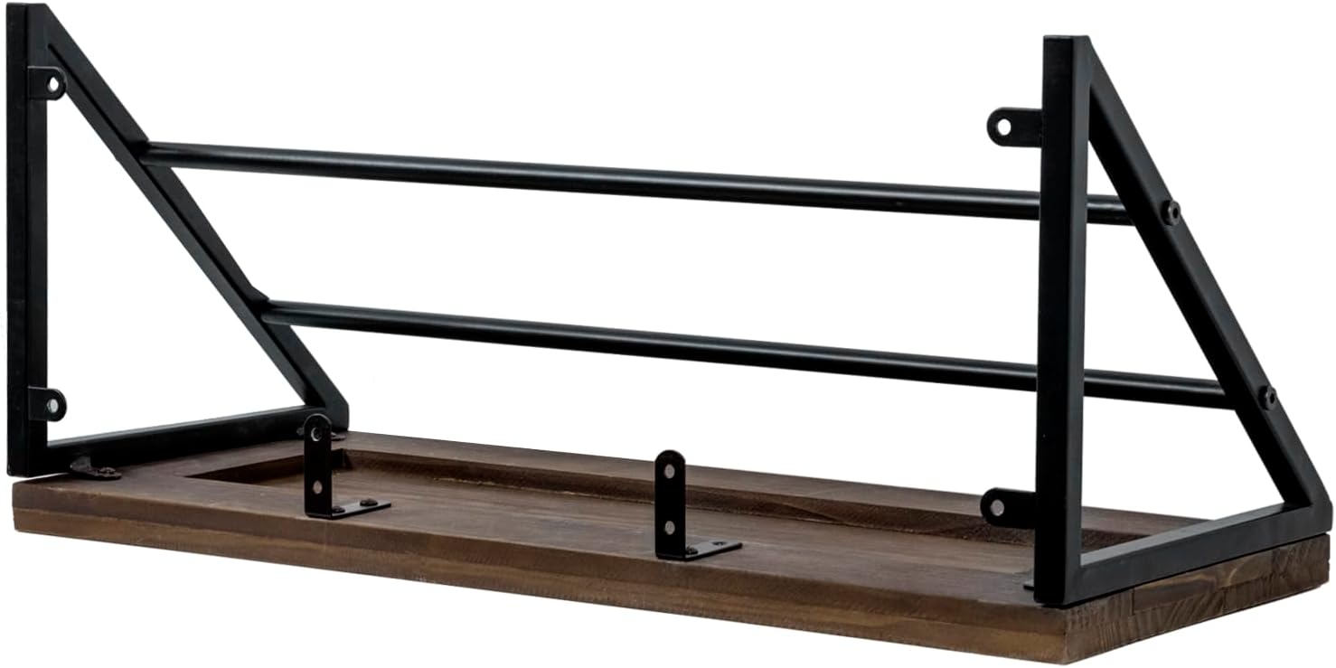 MyGift Urban Industrial Burnt Solid Wood Kitchen Floating Shelf with Black Metal Brackets for Pots and Pans with 12