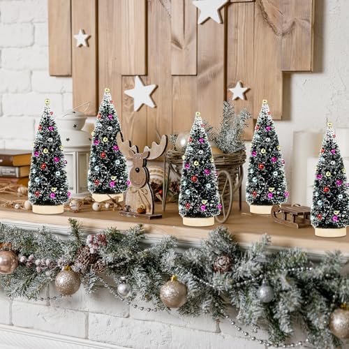 Winlyn 6 Pcs Artificial Tabletop Christmas Trees 8.3 Inch Frosted Green Bottle Brush Trees with Wood Bases Small Sisal Trees with White Snow and Ornaments for Winter Holiday Christmas Village Décor