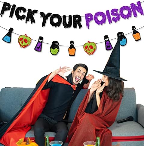PTFNY Glittery Pick Your Poison Banner Hocus Pocus Decorations Potion Bar Decorations Halloween Party Banner for Haunted Houses Home Halloween Party Decorations Supplies