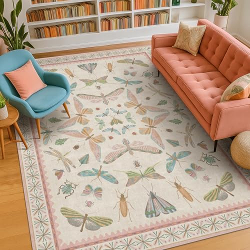 Hazo Haus Washable 5x8 Light Pink Rug for Bedroom - Pink Boho Girl Nursery Rug, Living Room, Nature Insect Bug Print