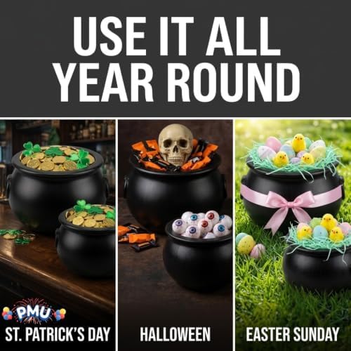 PMU Halloween Cauldron 2pc- 12", 10" Witch Plastic Cauldron bowl Black, For Halloween Decor