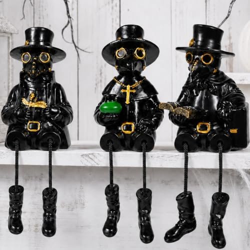 Exasinine 3 Pcs Halloween Plague Doctor Figurines with Dangling Legs Resin Gothic Crow Shelf Sitting Statues for Halloween Table Fireplace Indoor Gothic Home Decor Ornaments
