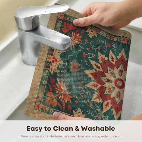 Artoid Mode Snowflakes Floral Ethnic Boho Christmas Placemats Set of 4, Washable Heat Resistant Non-Slip Plastic PVC Place Mats for Farmhouse Winter Holiday Party Kitchen Dining Decor