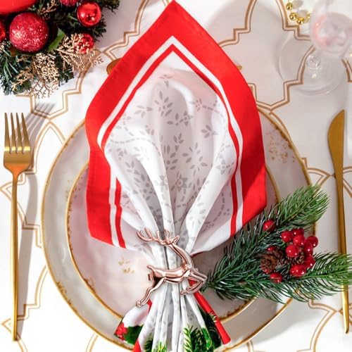 ZeeDix Christmas Rose Gold Reindeer Napkin Rings Set of 6 for Table Decor