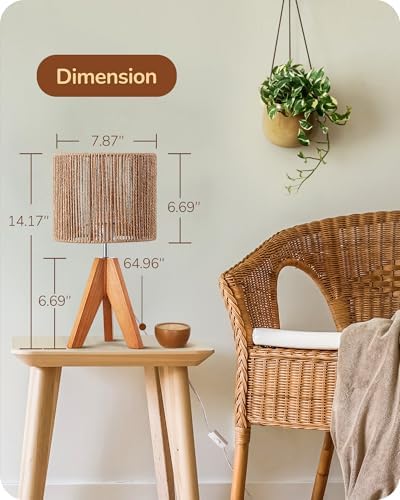 EDISHINE Small Rattan Table Lamp, Wood Tripod Bedside Lamp, 14.2", E26 Base