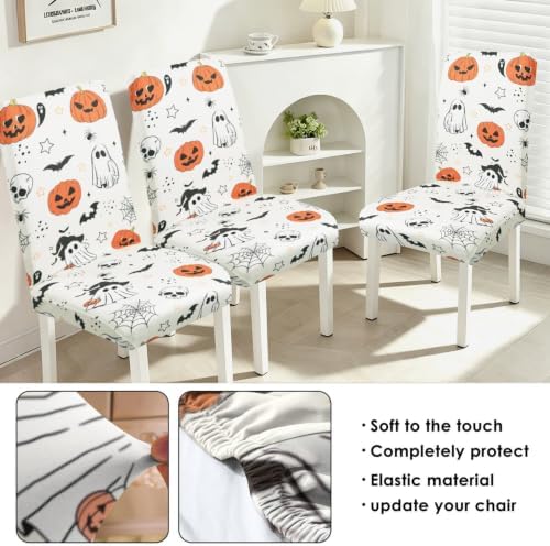 Halloween Chair Covers Set of 4,Pumpkin,Ghost and Skull Dining Chair Protectors,Elastic Removable Washable Dining Chair Covers,Suitable for Halloween Kitchen Dining Room chair Holiday decorations
