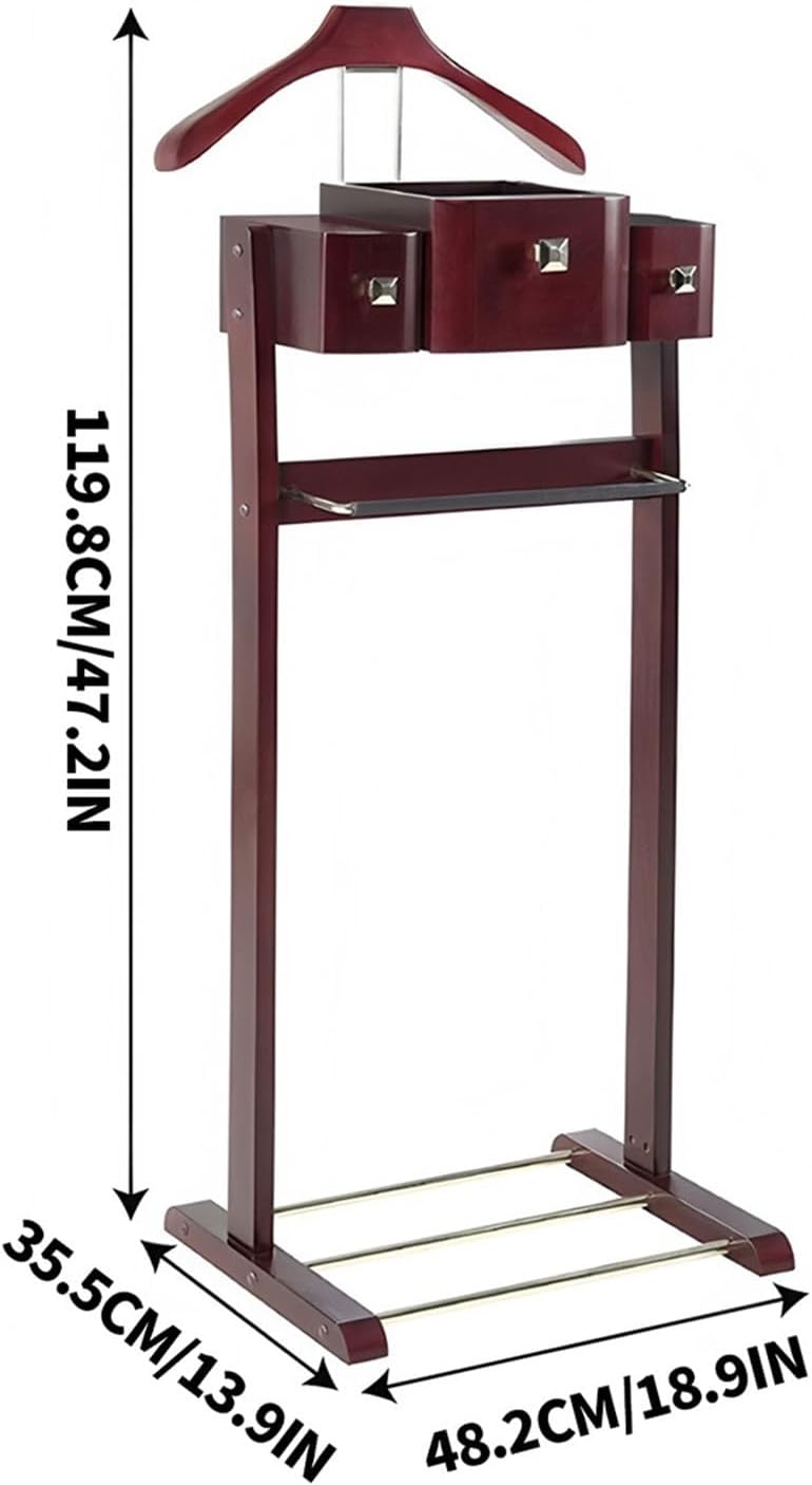 Wood Men Suit Valet Stand, with Belt Hooks Shoe Rack Multi-functional Coat Rack with Drawer Base Standing Clothes