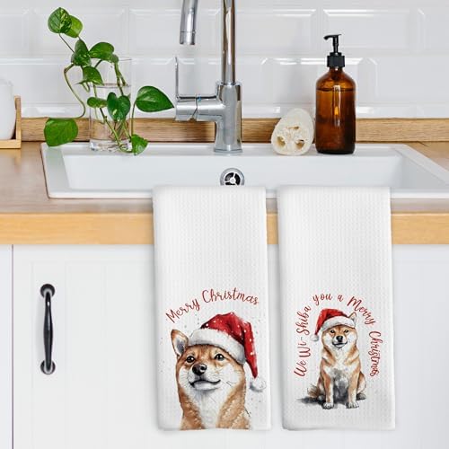 XPH Christmas Shiba Inu Kitchen Dish Towels, Funny Shiba Inu Gifts for Women, Dog Mom Lovers Gifts Hand Towels Kitchen Tea Towel Decorations, Christmas Dog Bathroom Decor, 16x24inch Set of 2