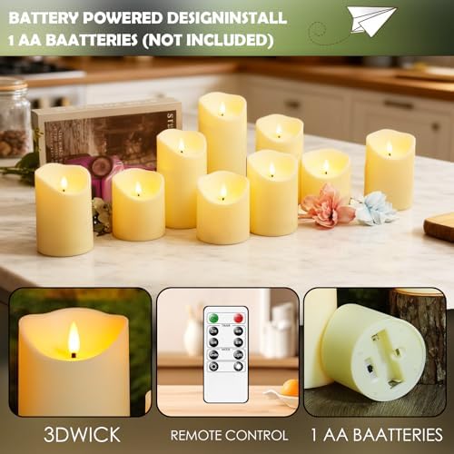 kakoya Flameless LED Candles Battery Operated with Remote and Timer,Flickering Electric Fake Plastic Pillar Candles Set of 24(D3 x H 3" 4" 5") Ivory