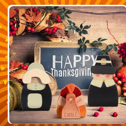 Colingmill 3 Pcs Thanksgiving Decor Fall Pilgrim Turkey Wooden Tabletop