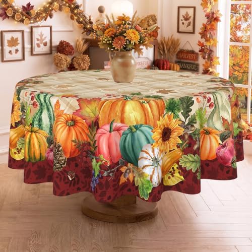 Fall Plaid Round Tablecloth 70 Inch, Stain Resistant Washable Fabric Autumn Harvest Pumpkin Table Cloth Round Fall Tablecloth Table Cover for Kitchen Dining Party