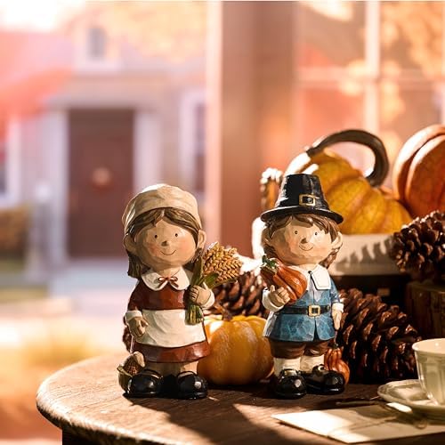 Valery Madelyn Fall Decorations For Home, Family Boy and Girl Harvest Decor for Table, Large Set of 2 Funny Thanksgiving Autumn Collectible Figurine Garden Statue Gift for Room Yard Party 7.3inch
