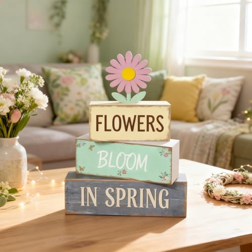 Spring Decoration Wooden Tiered Tray Decor – Daisy Flower Spring Stacked Block Sign – Farmhouse Tabletop Floral Spring Decor for Shelf Mantel Seasonal Home Display