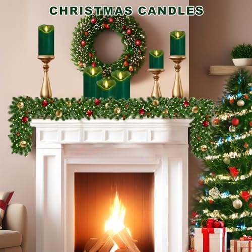 Green Flameless Candles Set of 3, Christmas LED Candles with Remote & Timer