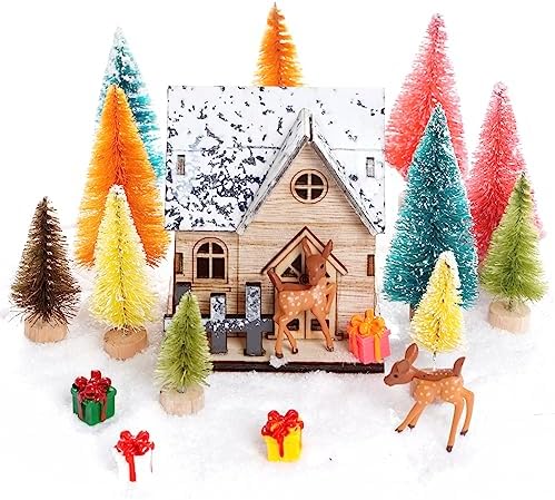 Yookat 51Pcs Mini Pine Trees Bottle Brush Trees Deer Boxes