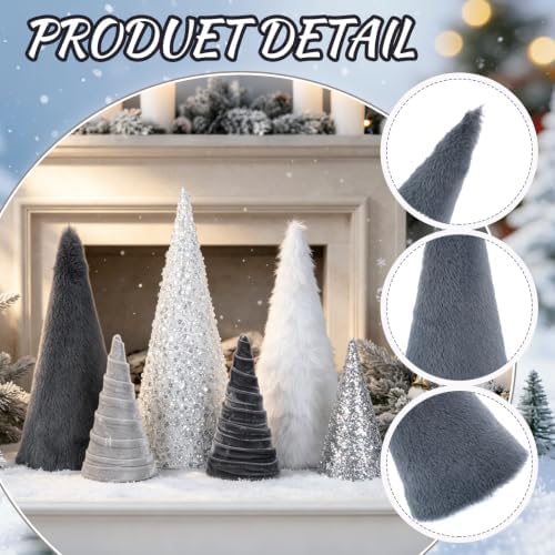 6 PCS 12" 10" 6" Christmas Silver Gray Cone Tree Decoration Christmas Glitter Sequin Furry Velvet Tree Table Centerpiece Modern Tiered Tray Ornament Xmas Tree for Home Holiday Mantle Winter Decor