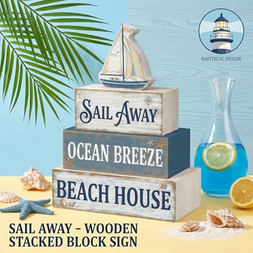 Britimes Tiered Tray Decor Set, 4 Pack, Wooden Table Sign, Nautical Ocean