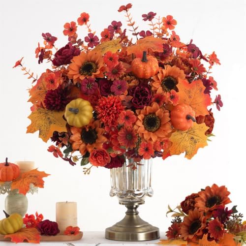 Mixed 12 Pcs Fall Artificial Flowers, Sunflower Peony Bouquet with Maple Leaves Pumpkins, Autumn Faux Floral Arrangements for Table,Thanksgiving, Halloween, Porch Planters, Garden Patio Outdoors Decor