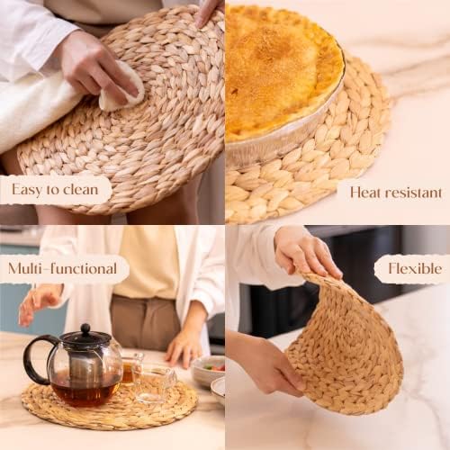 Round Woven Placemats Set of 4, Natural Water Hyacinth Place Mats, Boho Wicker Placemats, Table Mats for Dining Table (13.8 inch) by YANGQIHOME